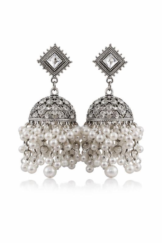 Elegant Silver Jhumka Earrings with Pearl Drops