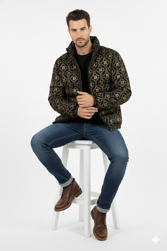 Luxury Gold Monogram Puffer Jacket – Bold, Warm & Street-Ready