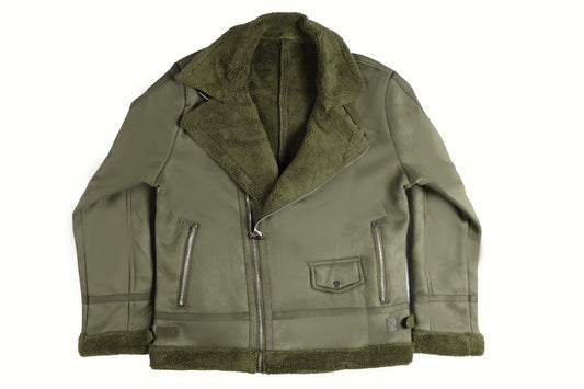 Men’s Green Faux Shearling Aviator Jacket – Winter Warm Biker Style