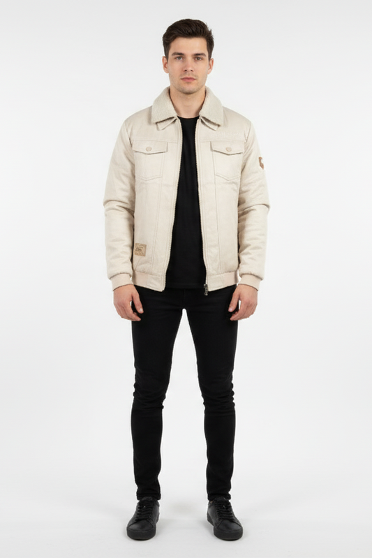 Men's Beige Winter Jacket with Faux Shearling Lining