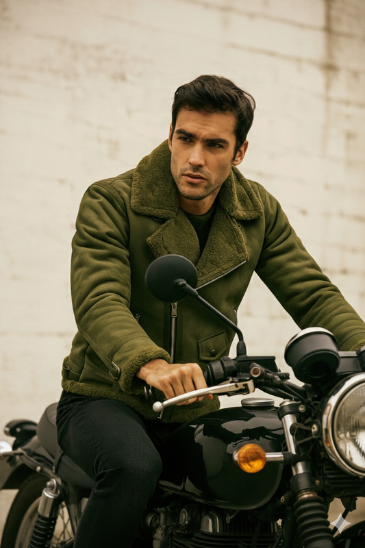 Men’s Green Faux Shearling Aviator Jacket – Winter Warm Biker Style